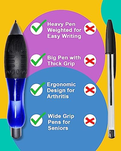 𝟯 𝗼𝘇 Fat 𝐇𝐞𝐚𝐯𝐲 𝐖𝐞𝐢𝐠𝐡𝐭𝐞𝐝 Pens for Arthritis Parkinson's Carpal Tunnel Tremors Wide Grip, Thick Barrel, Easy to Hold Blue (2 Pens + 3 Blue refills +3 Black Refills)