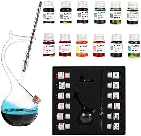 Thyggzjbs Handmade High Borosilicate Glass Glass Dip Pen Ink Set-Crystal Pen with 12 Colorful Inks for Art, Writing, Signatures, Calligraphy, Decoration, Gift