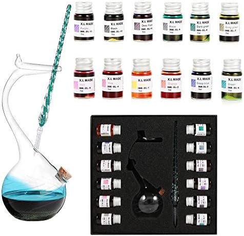 Handmade Glass Dip Pen Ink Set, Crystal Calligraphy Pen with Colorful Inks