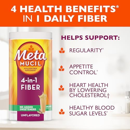 Metamucil, Daily Psyllium Husk Powder Supplement, Sugar-Free Powder, 4-in-1 Fiber for Digestive Health, No Added Sweetener, 114 teaspoons