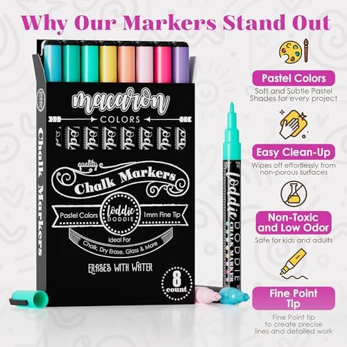 Loddie Doddie Liquid Chalk Markers, Fine Tip, Pastel Chalk Markers, 8 Pack