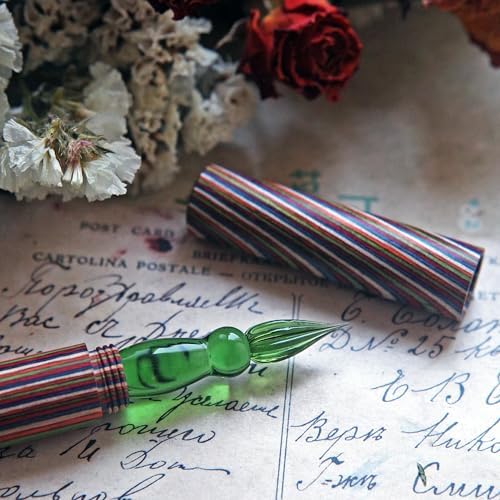 SeventyTwo Handmade Glass Dip Pen with Colorwood Handle, Borosilicate Emerald Glass Nib, Calligraphy Writing Set, Vintage Style (Emerald)