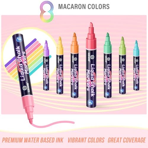 Chalk Markers 8 Pastel Colors Set for Blackboard & Glass Surfaces - Erase
