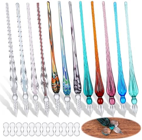 12 Pcs Glass Dip Pen Set with Penholders, Handmade High Borosilicate Crystal Signature Calligraphy Pens in 12 Colors for Writing, Drawing, Ink Art (Vintage Style)