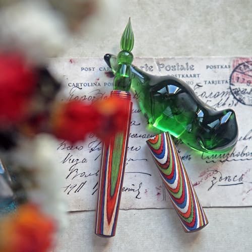 SeventyTwo Handmade Glass Dip Pen with Colorwood Handle, Borosilicate Emerald Glass Nib, Calligraphy Writing Set, Vintage Style (Emerald)