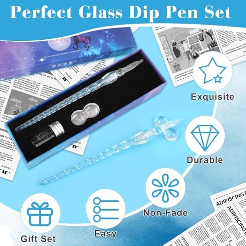 Luxiv Glass Ink Pen Set, Glass Dip Pen with Fluorescent Ink and Pen Holder Art Crystal Glass Pens for Signatures, Business Christmas Gift Glass Ink Pens (Blue, Basic)