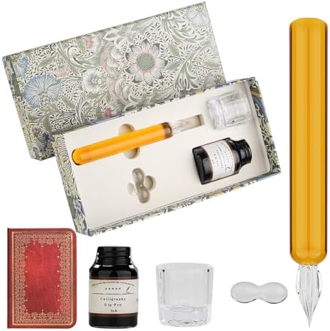 Vintage Glass Dip Pen Ink Calligraphy Set Elegant Writer Kit with Pen Stand, Ink,Notebook for Beginners Artists Unique Gift for Drawing, Writing, Stationery Lovers L16 (Yellow)
