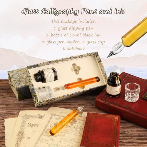 Vintage Glass Dip Pen Ink Calligraphy Set Elegant Writer Kit with Pen Stand, Ink,Notebook for Beginners Artists Unique Gift for Drawing, Writing, Stationery Lovers L16 (Yellow)