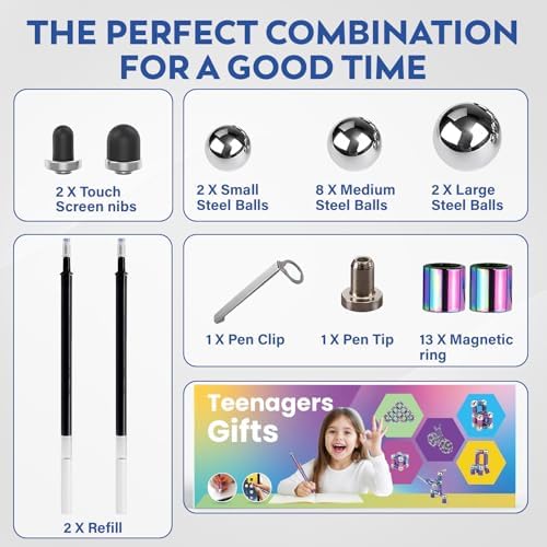 Magnetic Fidget Pen – Writing Tool & Spinner Toy Combo with 13 Colorful Fun Rings, Stress Relief & Focus Gift for Kids 8+, Teens & Adults, Novelty Christmas Stocking Stuffer, Office & Study Toy