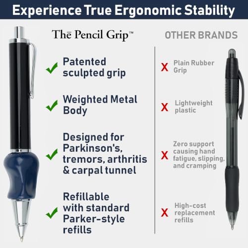 The Pencil Grip Heavyweight Pen, Weighted Ballpoint Pen with Patented Ergonomic Grip for Parkinson's, Essential Tremor, Arthritis and Hand Weakness, Refillable Metal Pen for Adults, Black, TPG-651