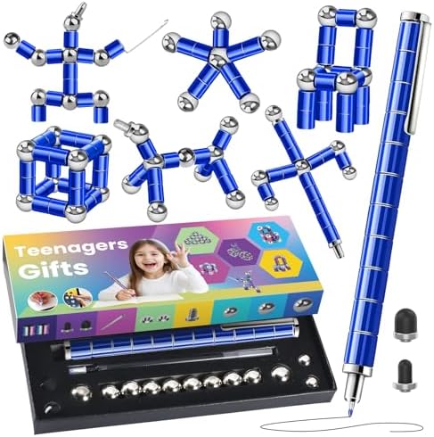 Magnetic Fidget Pen – Writing Tool & Spinner Toy Combo with 13 Blue Fun Rings, Stress Relief & Focus Gift for Kids 8+, Teens & Adults, Novelty Christmas Stocking Stuffer, Office & Study Toy