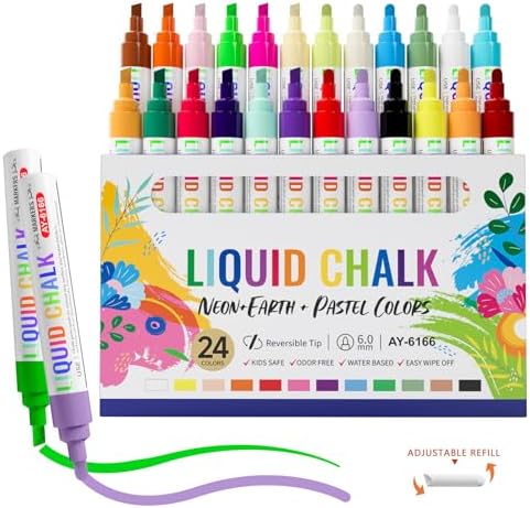 Chalk Markers 24 Vibrant Color Set for Blackboard & Glass Surfaces - Erase