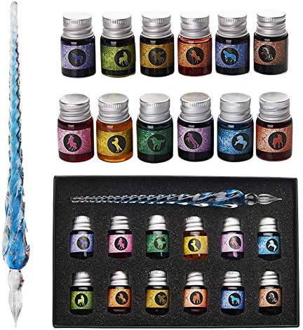 mancola Glass Dipped Pen Ink Set Handmade Crystal Calligraphy Pen with 12 Colorful india ink for Art, Signatures, Drawing, Decoration, Calligraphy Kits for Beginners Ma-13