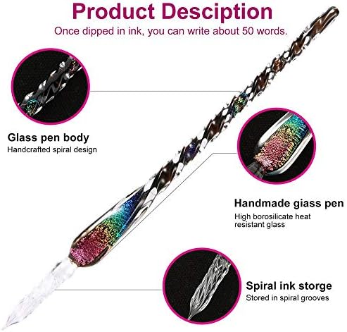Handmade Glass Dip Pen Ink Set, Crystal Calligraphy Pen with Colorful Inks
