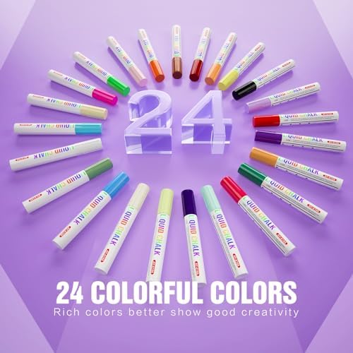 Chalk Markers 24 Vibrant Color Set for Blackboard & Glass Surfaces - Erase