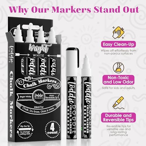Loddie Doddie Liquid Chalk Markers, Chalk Markers for Glass, White, 4 Pack