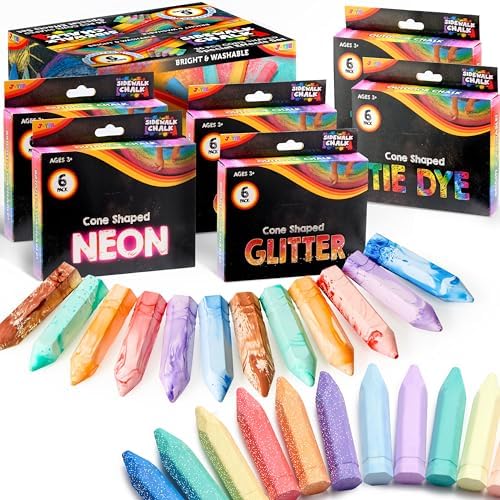 JOYIN 36 PCS Washable Sidewalk Chalk, 6 Packs Total, 3 Styles (Tie-Dye, Glitter & Neon), Outdoor Chalks for Painting, Drawing, Gifts for Kids