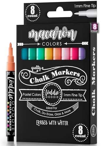 Loddie Doddie Liquid Chalk Markers, Fine Tip, Pastel Chalk Markers, 8 Pack