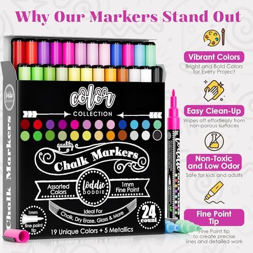 Loddie Doddie Chalk Markers, Fine Tip Chalk Markers, Multicolor, 24 Pack