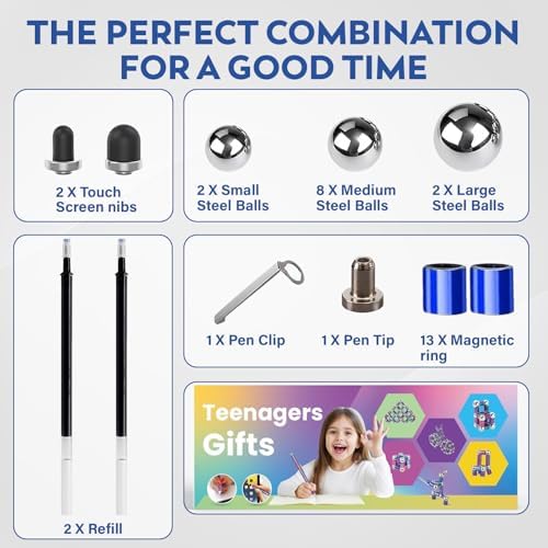 Magnetic Fidget Pen – Writing Tool & Spinner Toy Combo with 13 Blue Fun Rings, Stress Relief & Focus Gift for Kids 8+, Teens & Adults, Novelty Christmas Stocking Stuffer, Office & Study Toy