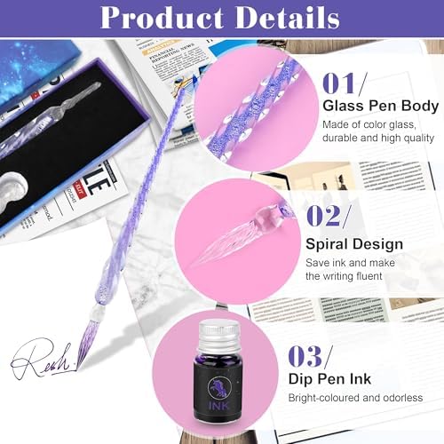 Luxiv Glass Dip Pen Set, Purple Crystal Pen With Ink, Holder, and Package