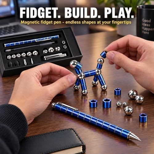 Magnetic Fidget Pen, Deformable Magnet Building Pen with Metal Rings, Fidget Toy for Stress Relief & Focus, Smooth Writing Ballpoint with Touchscreen Tip, Gift for Teens Kids 8+ & Adults