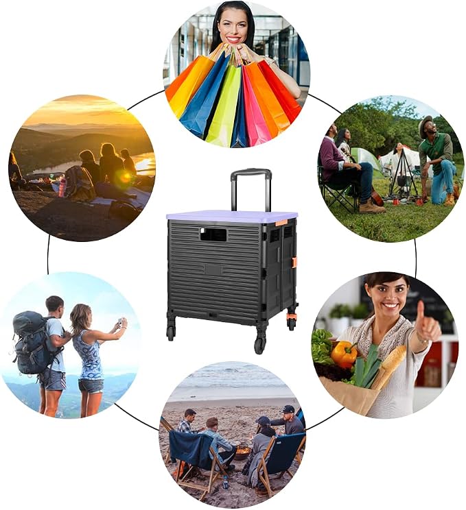 FELICON SELORSS Foldable Utility Cart Folding Portable Rolling Crate-Purple | - Image 6