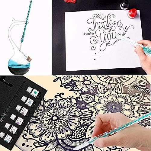 Handmade Glass Dip Pen Ink Set, Crystal Calligraphy Pen with Colorful Inks