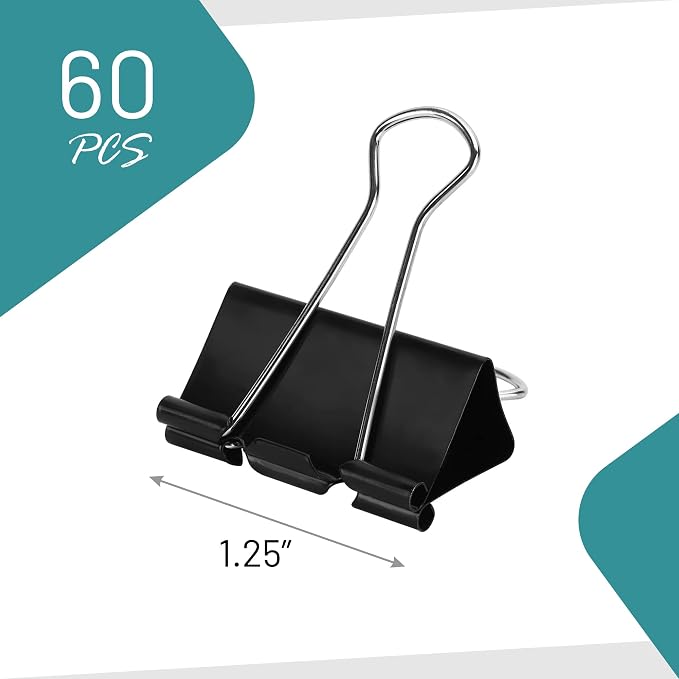 Binder Clips - 60 Medium Binder Clips, 1.25 Inch Black Paper Clamps, File Clip - Image 3