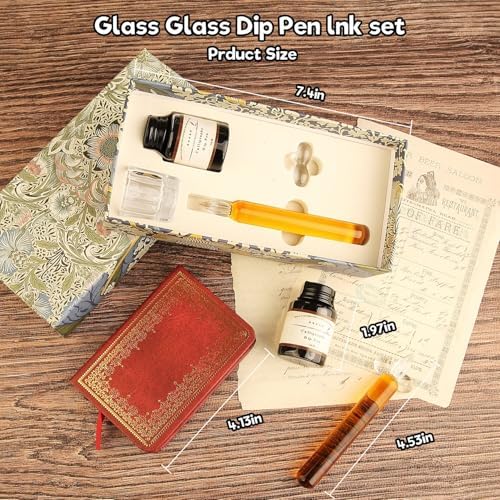 Vintage Glass Dip Pen Ink Calligraphy Set Elegant Writer Kit with Pen Stand, Ink,Notebook for Beginners Artists Unique Gift for Drawing, Writing, Stationery Lovers L16 (Yellow)