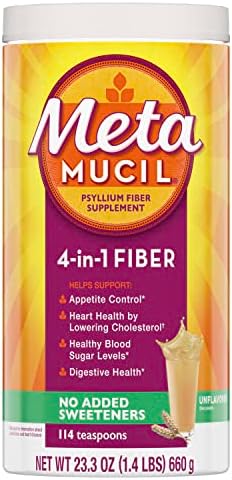 Metamucil, Daily Psyllium Husk Powder Supplement, Sugar-Free Powder, 4-in-1 Fiber for Digestive Health, No Added Sweetener, 114 teaspoons