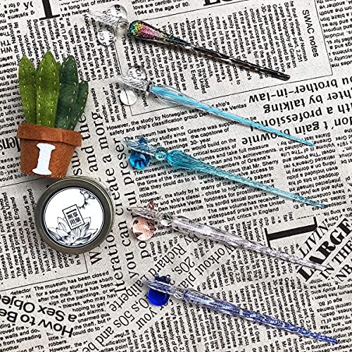 ESSSHOP Handmade Glass Dip Pen and Ink Set - 15ml Color Inks Pen Holder Cleaning Cup Ink Drip Tool Crystal Signature Dipped Pen Kit for Art Writing Calligraphy Christmas Day Gifts