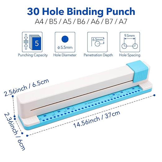 30 Holes Binding Punch, Loose Leaf Paper Punch Machine, Portable Hand Pushed - Image 6