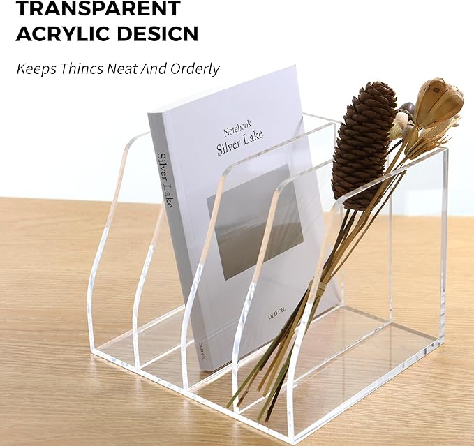 Acrylic Magazine File Holder, 4 Vertical Compartments Desk Document Sorter - Image 6