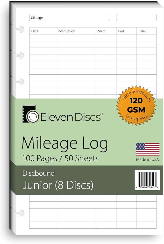 Eleven Discs Discbound Paper, Junior Size Mileage Log Sheets by ElevenDiscs
