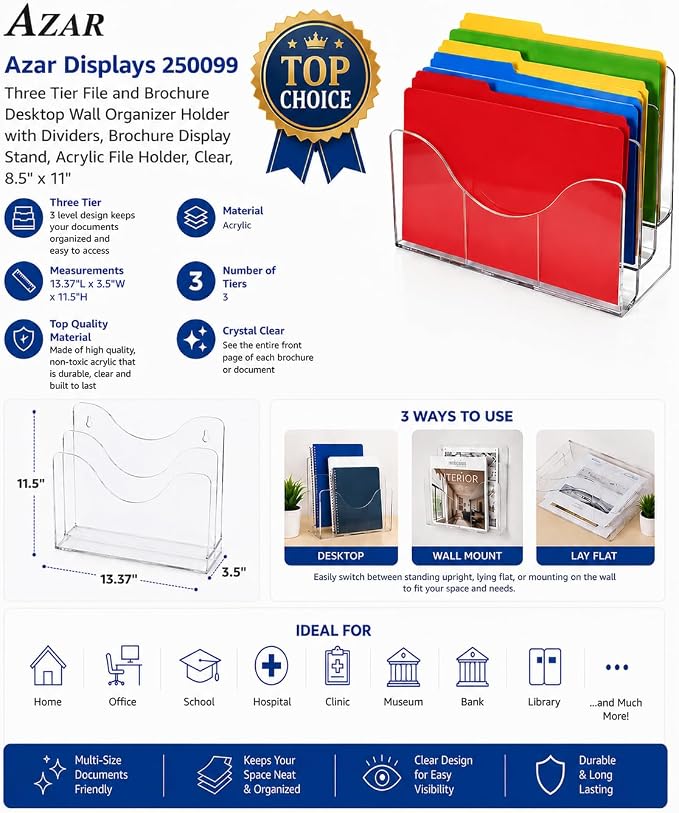 Azar Displays 250099 Three Tier File and Brochure Desktop Wall Organizer Holder - Image 4