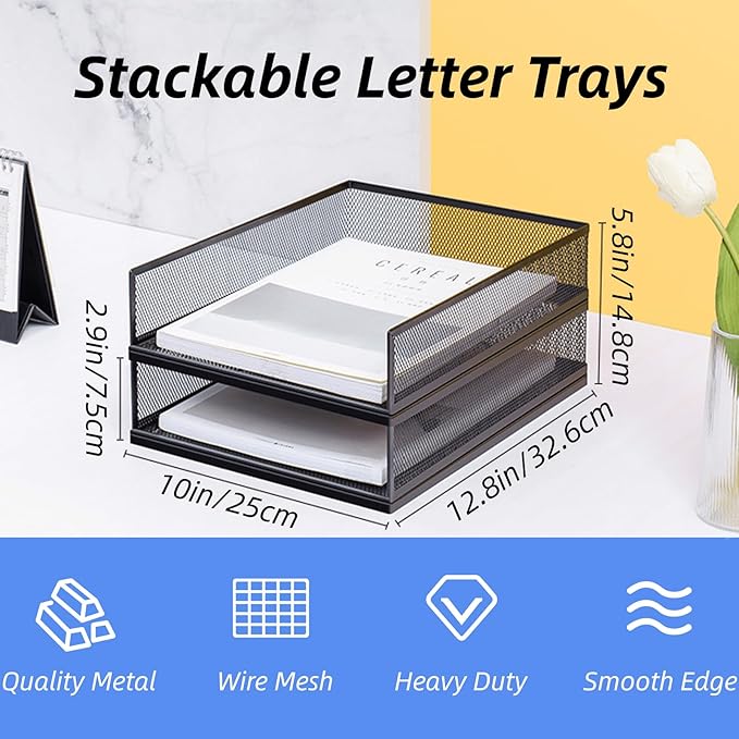 YOUEON 2 Pack Wire Mesh Letter Trays 12.8"x10"x2.9", Stackable Paper Tray - Image 2