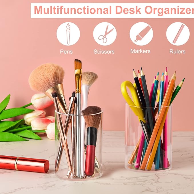 Mototo 8 Pieces Clear Acrylic Pen Holder Round Acrylic Pencil Cup Clear Makeup - Image 4