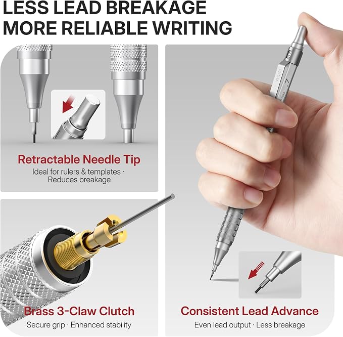WUO 0.7mm Mechanical Pencil Set, 3 Metal Drafting Pencils - Image 3