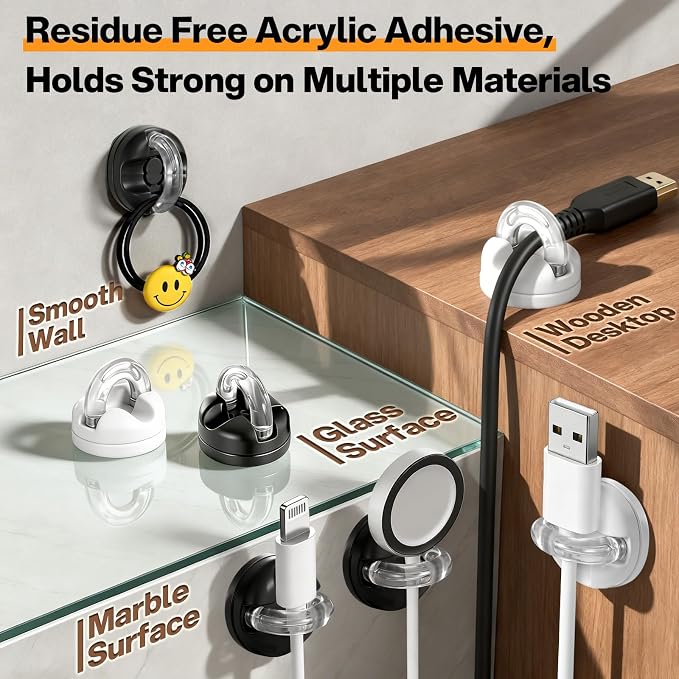 Magnetic Cable Clips, 8 Pack 360° Rotatable Cord Organizer, No-Residue Adhesive - Image 3