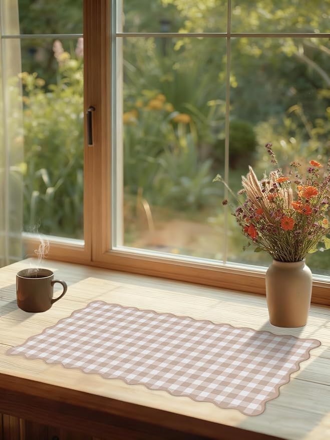 Scalloped‌ Checkered Desk Mat Cute Light Brown Gingham XXL Large Gaming Mouse - Image 7