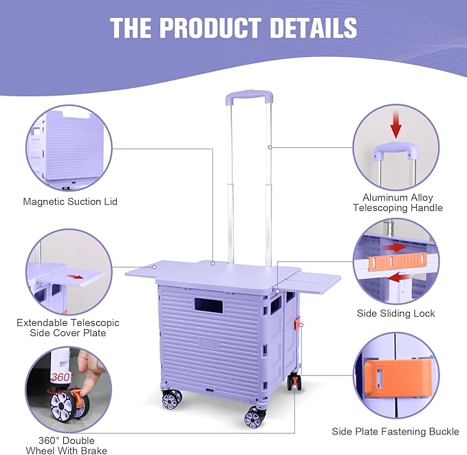 FELICON SELORSS Folding Utility Cart Portable Rolling Crate Handcart-Purple | - Image 3