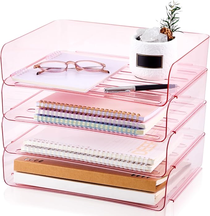 Harloon 4 Tier Pink Acrylic Paper Organizer 13 x 9.8 x 3 Inches Letter Tray by Muasung