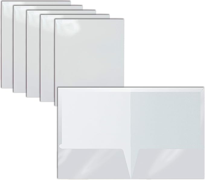 Better Office Products 2 Pocket Glossy Laminated White Paper Folders, Letter by BetterOfficeProducts
