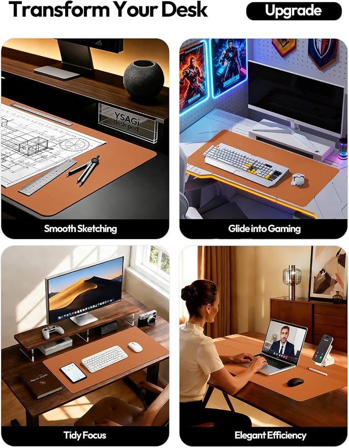 YSAGi Leather Desk Pad Protector, Office Desk Mat, Large Mouse Pad, Non-Slip PU - Image 2