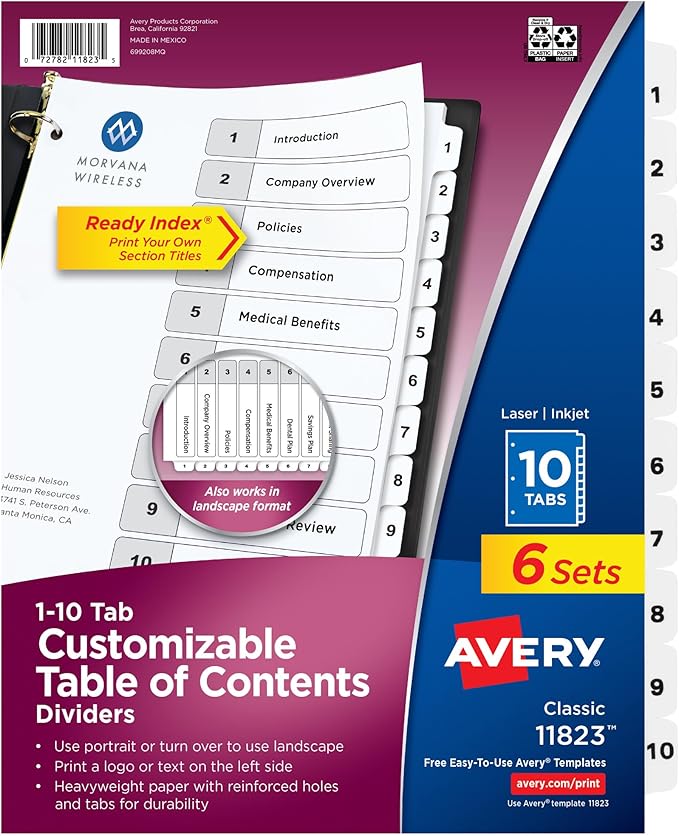 Avery Dividers for 3 Ring Binders, 10 Tabs per Set, Customizable Table of by Avery