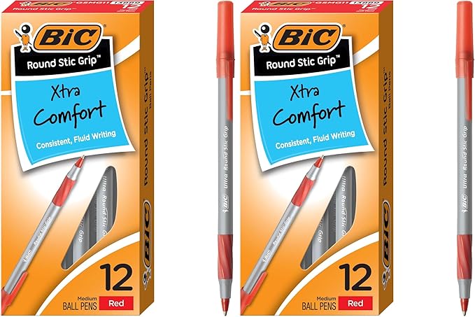BIC Round Stic Grip Xtra Comfort Red Ballpoint Pens, Medium Point, Excellent by BIC