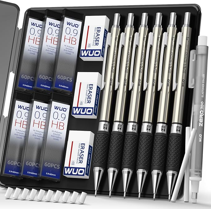 WUO 0.9mm Mechanical Pencil Set in Storage Case, 1 Eraser Pen, 12 Eraser Refills by WUO